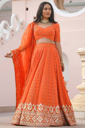 orange sequins georgette lehenga set choli with dupatta
