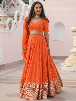 orange sequins georgette lehenga set choli with dupatta 3