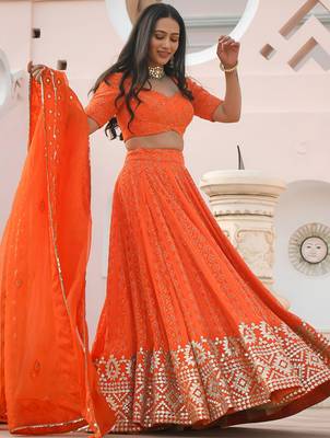 orange sequins georgette lehenga set choli with dupatta 4