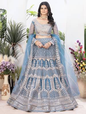 blue sequins net lehenga set choli with dupatta with dupatta 1