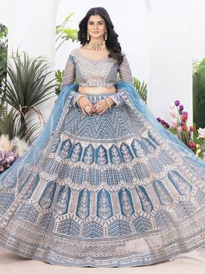 blue sequins net lehenga set choli with dupatta with dupatta 3