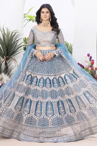 blue sequins net lehenga set choli with dupatta with dupatta