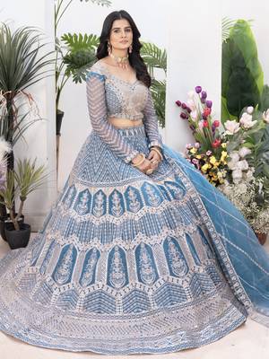 blue sequins net lehenga set choli with dupatta with dupatta 4