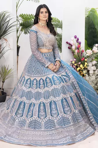 blue sequins net lehenga set choli with dupatta with dupatta