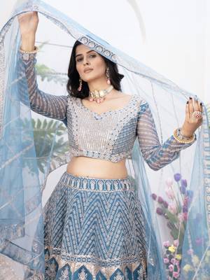 blue sequins net lehenga set choli with dupatta with dupatta 5
