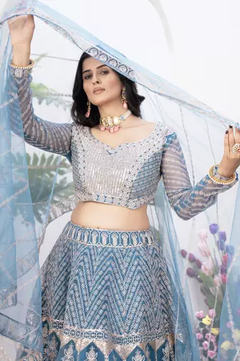 blue sequins net lehenga set choli with dupatta with dupatta