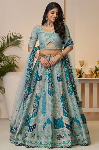 Sky-Blue Thread Embroidery Banarasi Silk Wedding Lehenga Choli