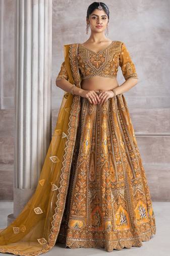 Mustard Yellow Thread Work Banarasi Silk Lehenga Choli With Dupatta