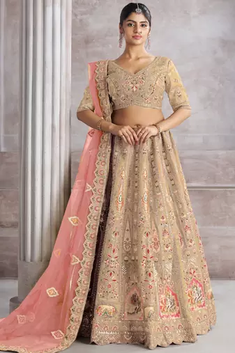 Beige Sequins Work Banarasi Silk Traditional Lehenga Choli