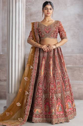 Brown Aari Work Banarasi Silk Wedding Wear Lehenga Choli