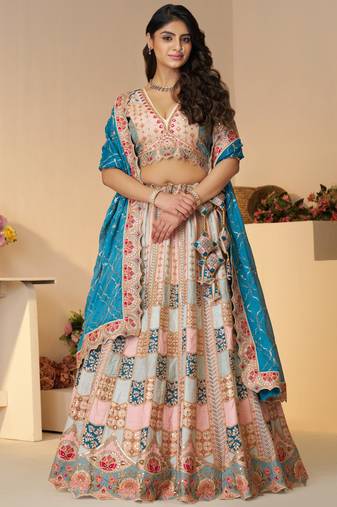 Sky-Blue Thread Work Dola Silk Bridesmaid Lehenga Choli With Dupatta