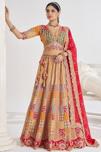 Mustard Yellow Thread Work Dola Silk Wedding Wear Lehenga Choli