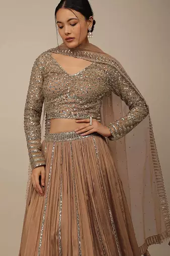 beige sequins georgette party lehenga set choli with dupatta