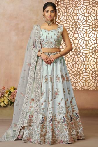 Sky-Blue Thread Embroidered Silk Lehenga Choli With Dupatta
