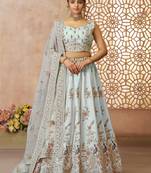 Sky-Blue Thread Embroidered Silk Lehenga Choli With Dupatta