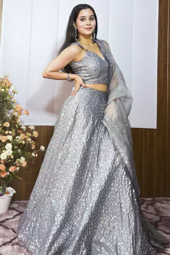 Dazzling Silver Sequin Party Wear Lehenga Set