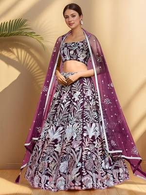 wine sequins net lehenga set choli with dupatta 1