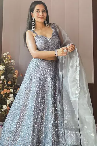 Dazzling Silver Sequin Party Wear Lehenga Set