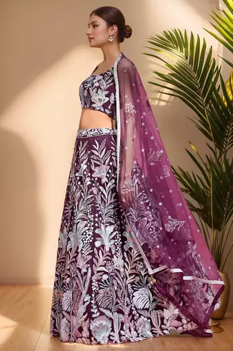 wine sequins net lehenga set choli with dupatta