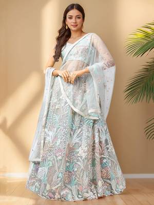 Pista Green Sequins Net Wedding Wear Lehenga Choli 1