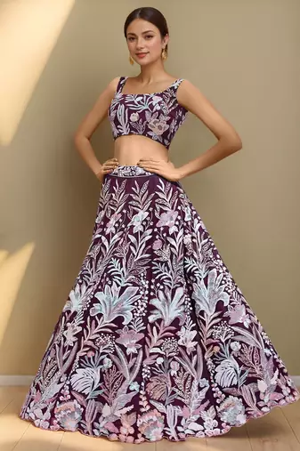 wine sequins net lehenga set choli with dupatta