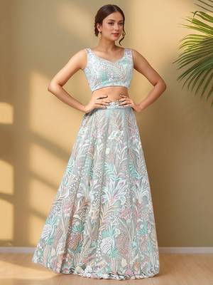 Pista Green Sequins Net Wedding Wear Lehenga Choli 3