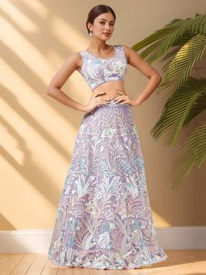 lavender sequins net lehenga set choli with dupatta with dupatta 3
