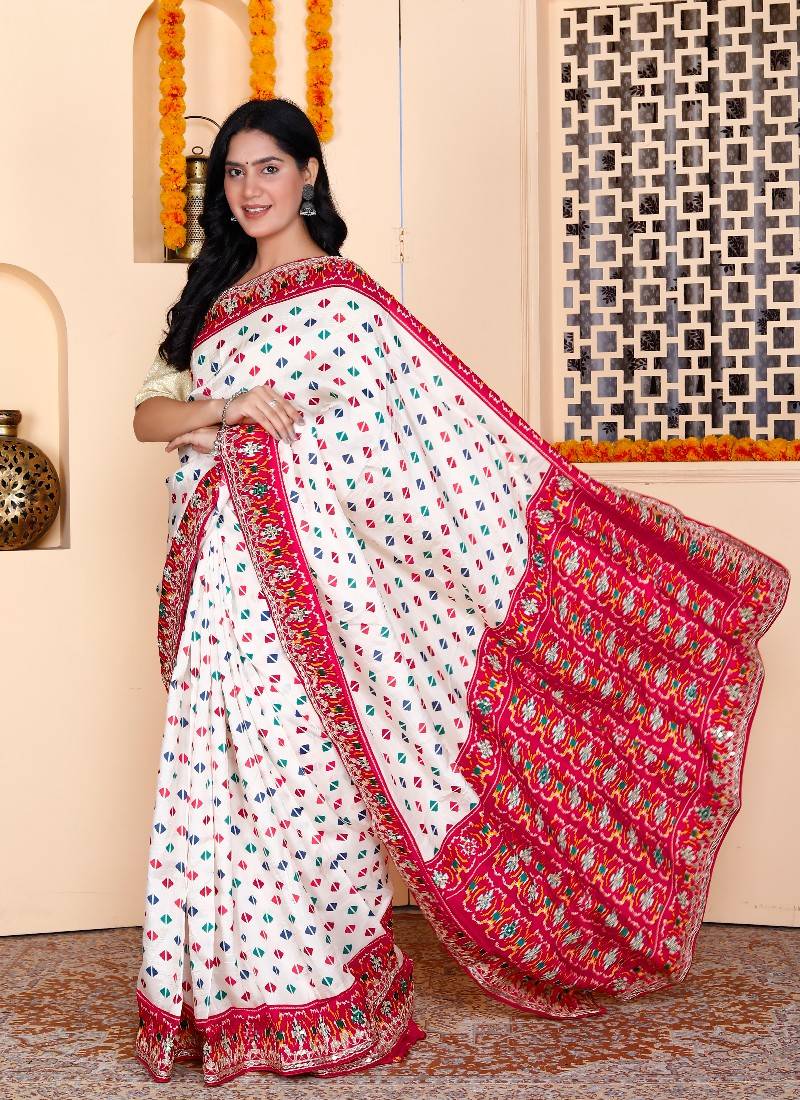 White silk blend zardosi work saree