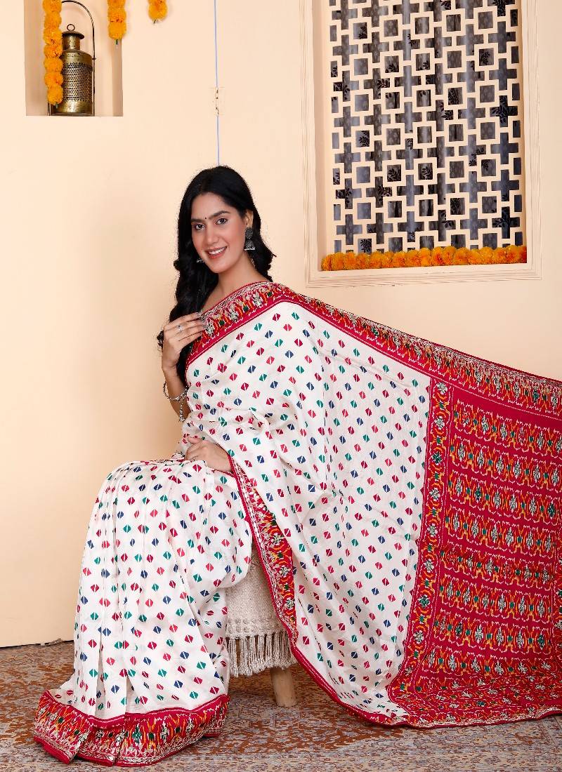 White silk blend zardosi work saree