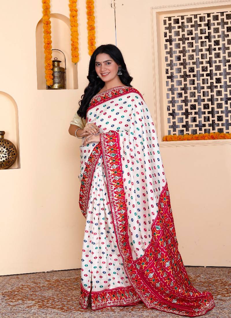 White silk blend zardosi work saree