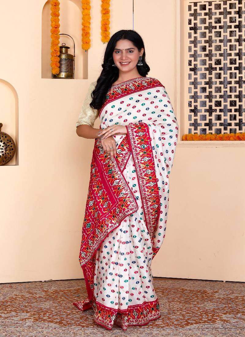 White silk blend zardosi work saree