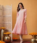 Hand embroidered peach cotton lucknowi chikankari anarkali a-line kurta