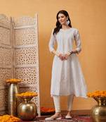 Hand embroidered white cotton lucknowi chikankari anarkali a-line kurta