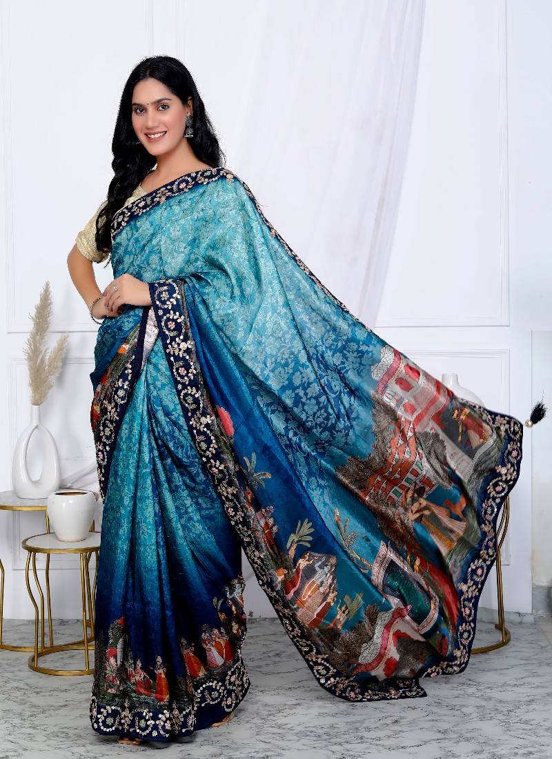 Blue digital madhubani print silk blend gota patti work saree