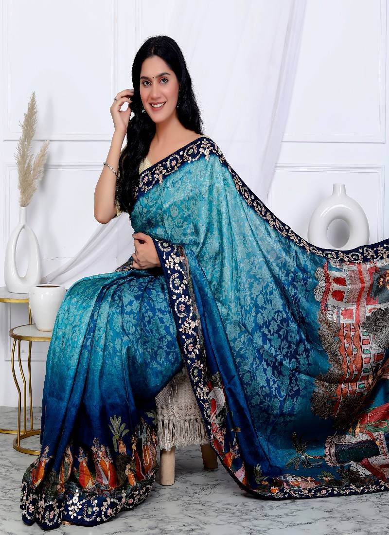 Blue digital madhubani print silk blend gota patti work saree
