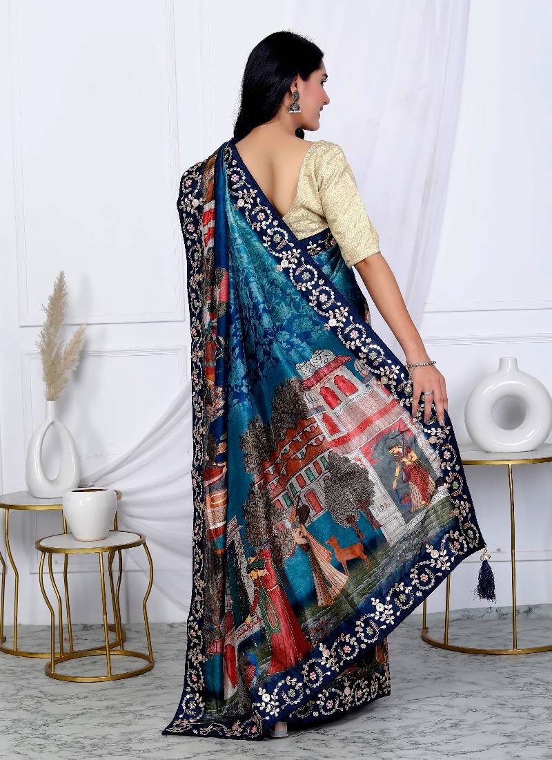 Blue digital madhubani print silk blend gota patti work saree