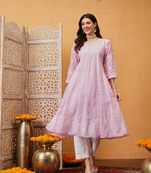Hand embroidered lavender cotton lucknowi chikankari anarkali a-line kurta