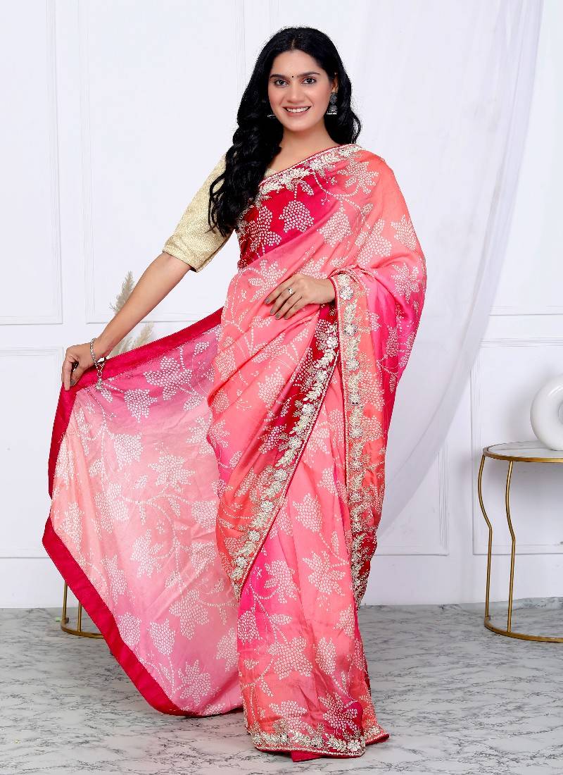Pink women's jaal bandhani printed traditional silk blend saree for women