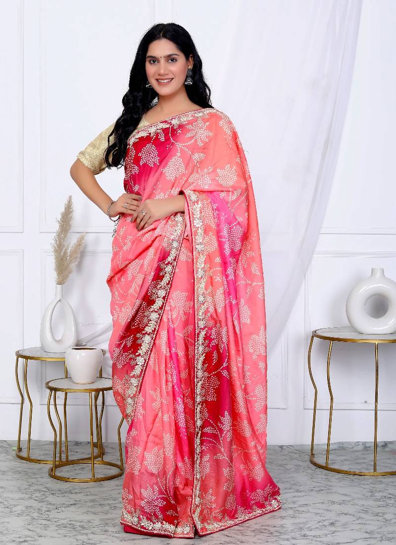 Pink women's jaal bandhani printed traditional silk blend saree for women