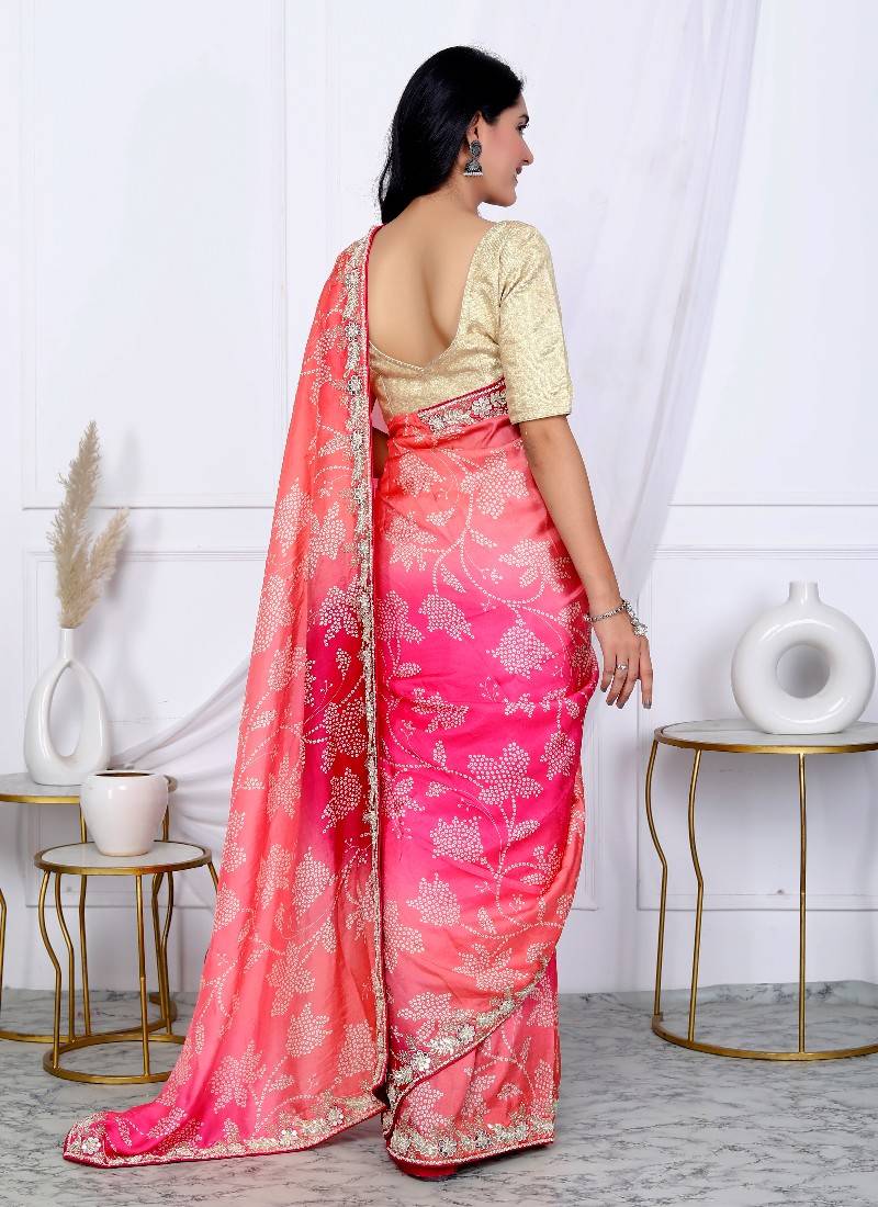 Pink women's jaal bandhani printed traditional silk blend saree for women