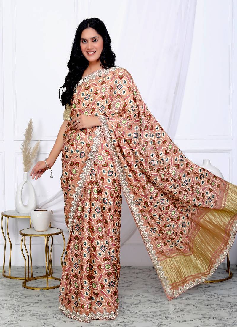 Brown patola print gaji satin hand work saree