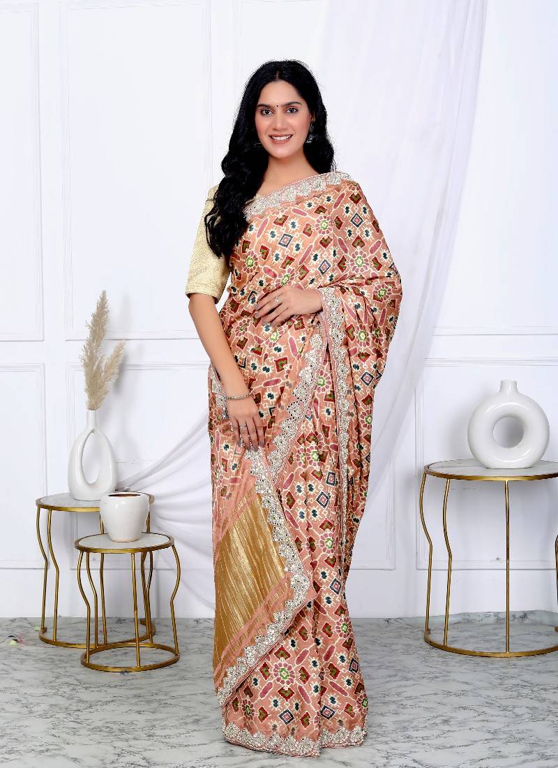 Brown patola print gaji satin hand work saree