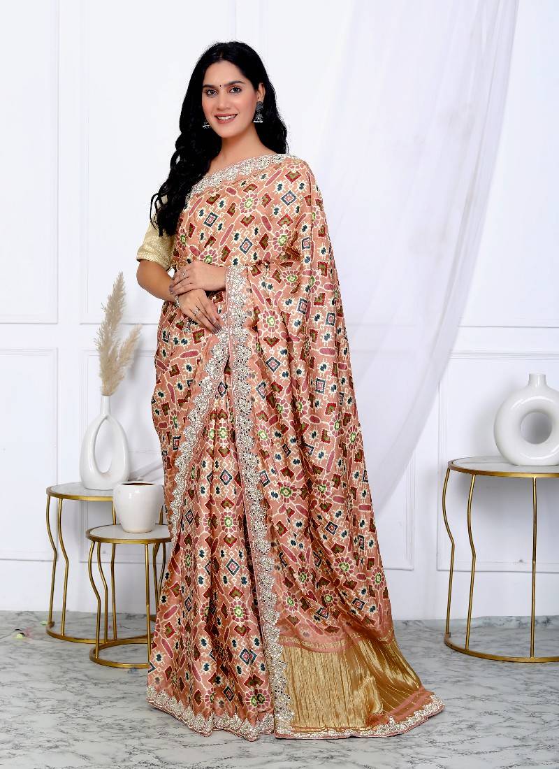 Brown patola print gaji satin hand work saree