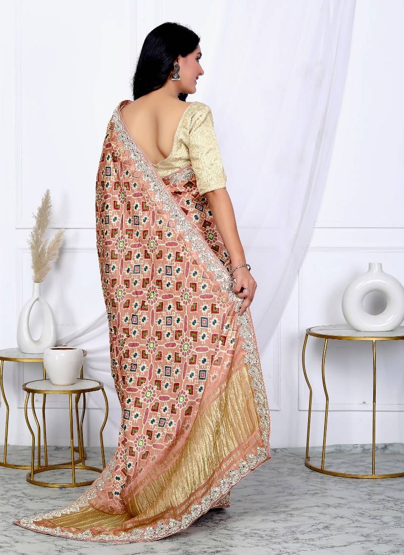Brown patola print gaji satin hand work saree