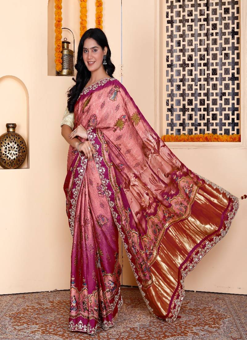 Yellow digital mughal print hand work silk blend saree for women