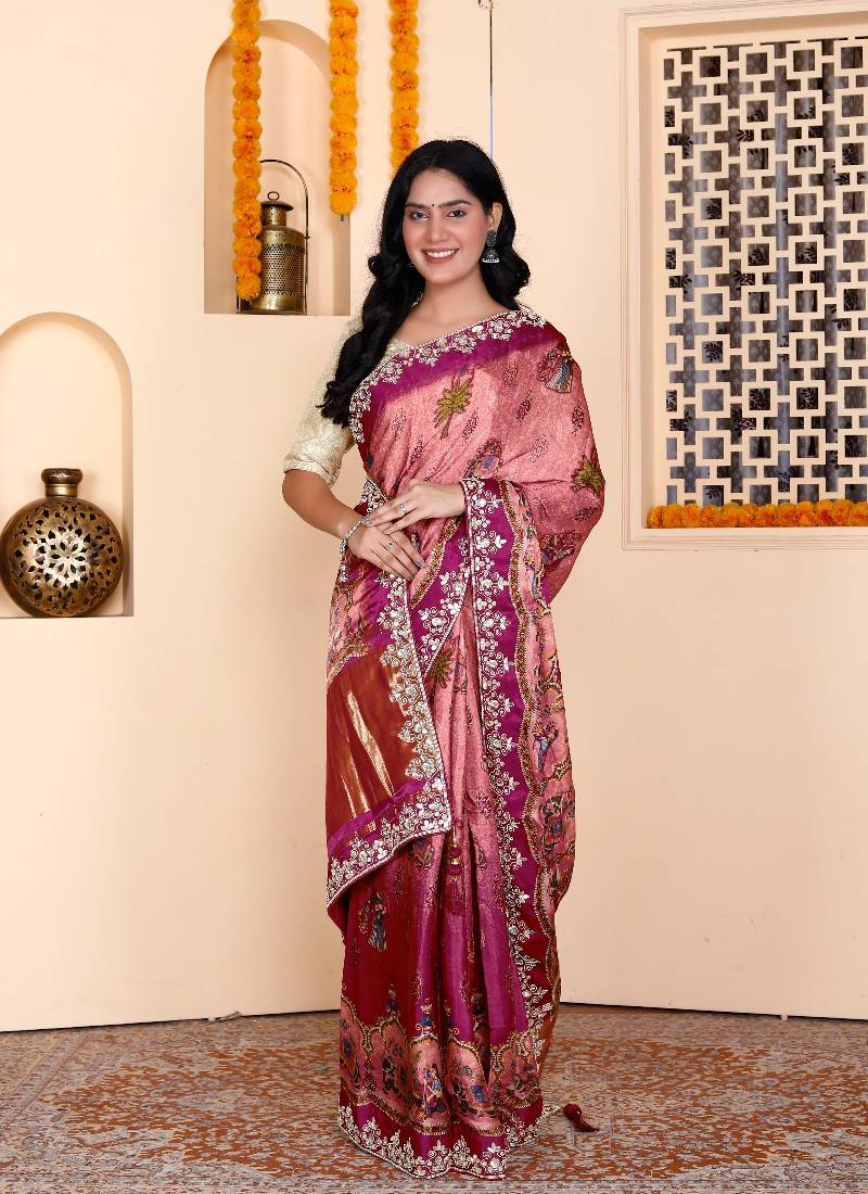 Yellow digital mughal print hand work silk blend saree for women