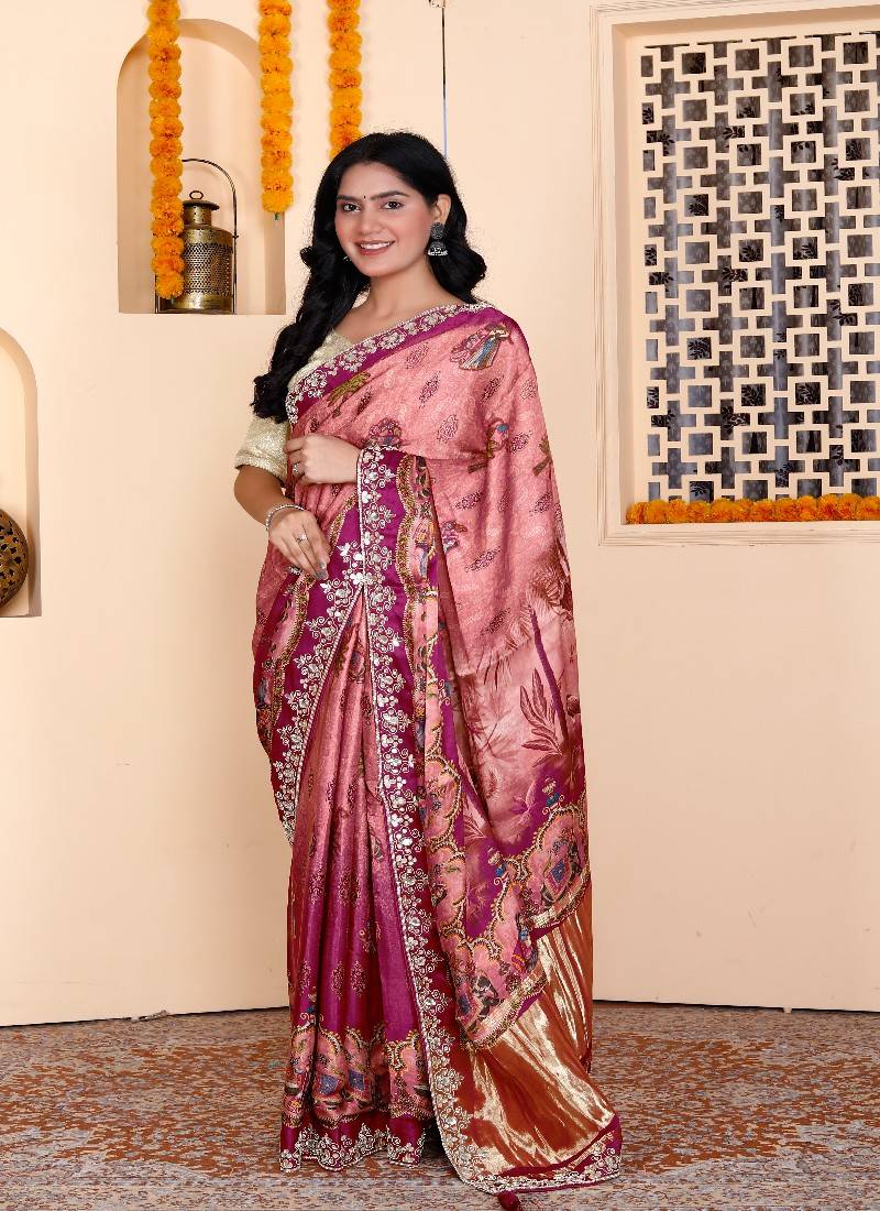 Yellow digital mughal print hand work silk blend saree for women