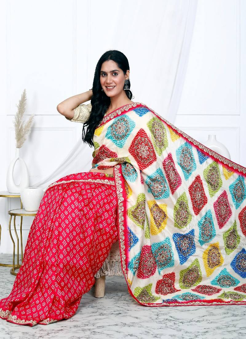 Multicolor bandhani printed silk blend saree for women