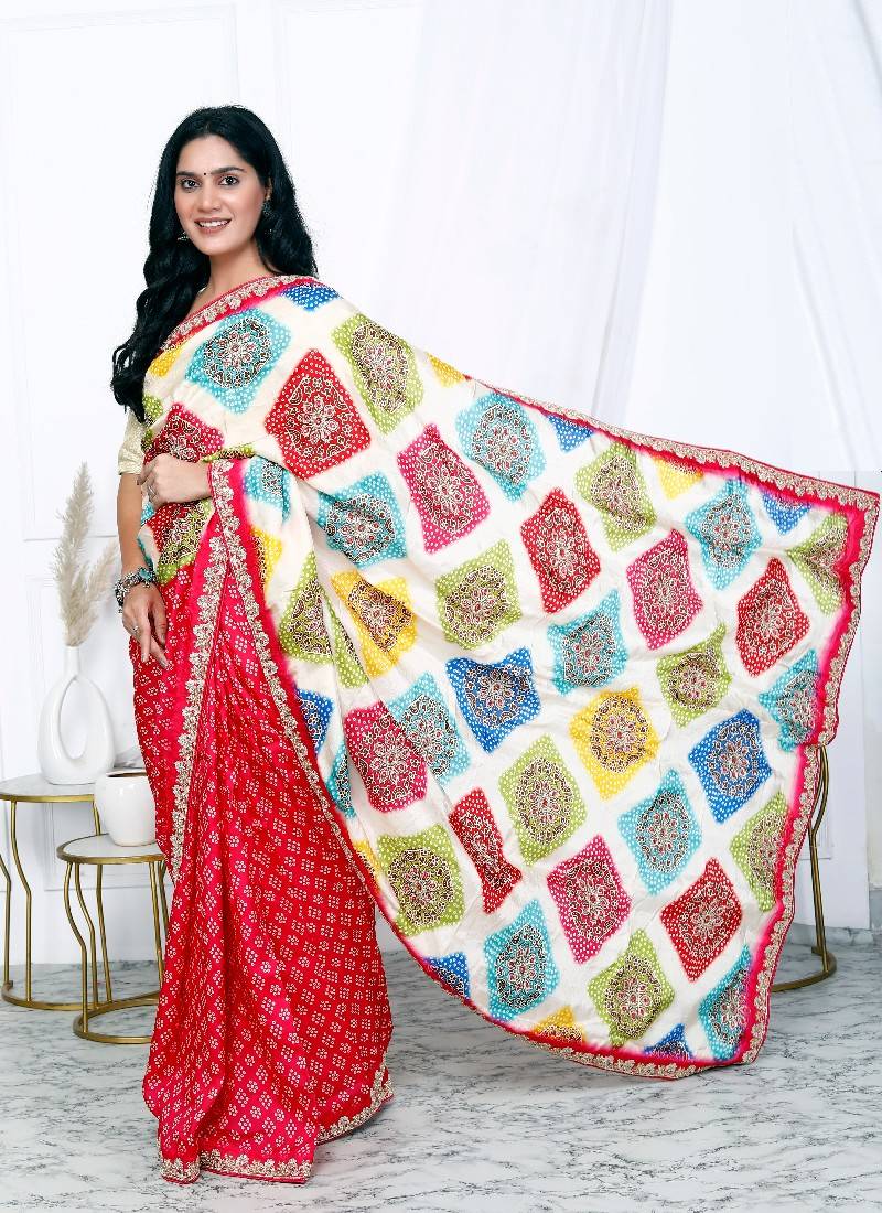 Multicolor bandhani printed silk blend saree for women