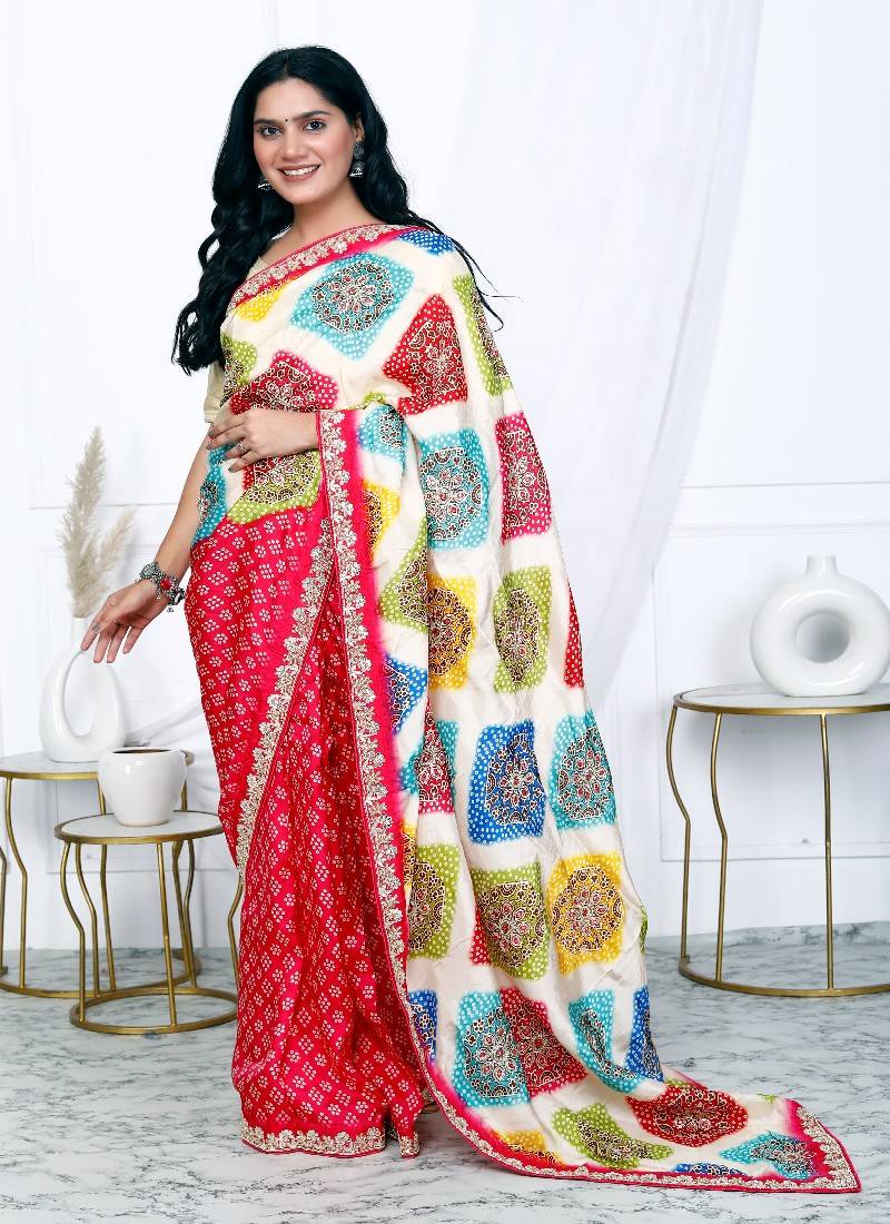 Multicolor bandhani printed silk blend saree for women